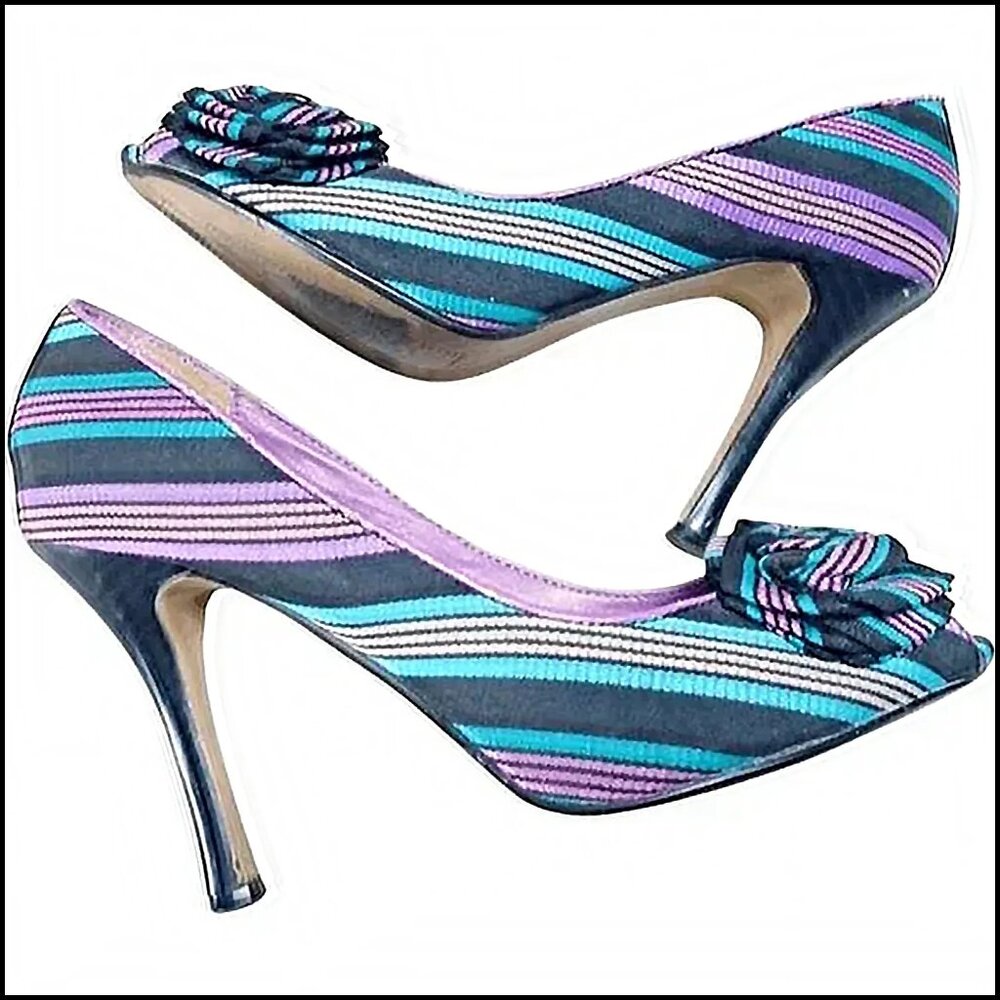 Vintage High Heel Shoes Purple Turquoise Fabric Pumps with Rosette - 80s - Picture 4 of 11